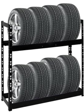 PROREGAL Reifenregal Tiger | HxBxT 100x110x35cm | 150kg Fachlast | bis zu 8 Reifen | mit 2 Ebenen | Schwarz Reifenständer Garagenregal