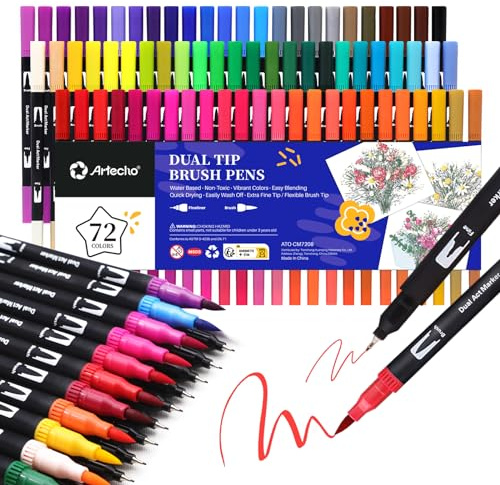 Artecho Dual Brush Pen Set 72 Farben, Fineliner Set, Filzstifte Dicke und Dünne, Pinselstifte set, Stifte für Bullet journal, Kalligraphie, Manga, Malbücher und Handlettering