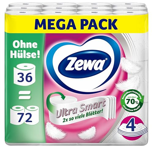 Zewa Ultra Smart Toilettenpapier Großpackung, 36 Rollen á 280 Blatt, Riesenrolle, 4-lagig, hell