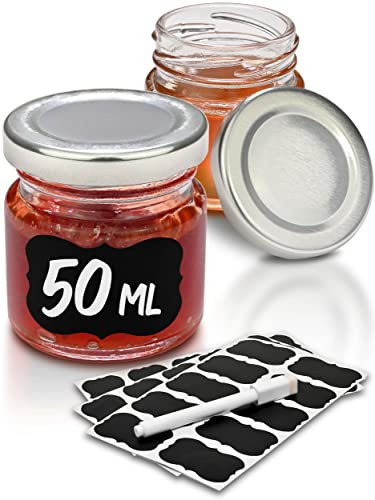 Praknu 24er Set Mini Gläser 50ml – Gläschen mit Deckel & Etiketten – Deko | Luftdicht verschlossen, kleine Portionsgläser zum Verschenken, für Marmelade, Honig, Gewürze & Kerzen, stapelbar