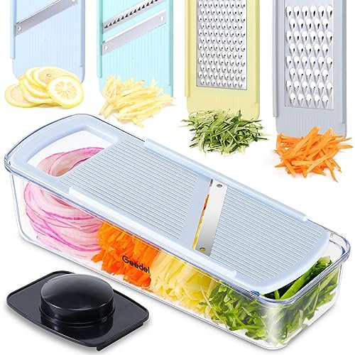 Geedel Reibe für Gemüse, Mandoline Gemüsehobel, Gemüseschneider Gemüsereibe | 4-IN-1 Küchenreibe mit Behälter und Fingerschutz, Edelstahlklingen, Sicher zu Verwenden, Einfach zu Lagern, Spülmaschinenfest