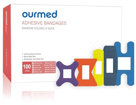 Ourmed Flexible Pflaster mit Non-Stick-Pad, Latex frei, Regenbogenfarben Klebebandage Erste-Hilfe-Wundversorgung für Schnitte, Schürfwunden, Blasen, sortierte Größen, 100 Stück