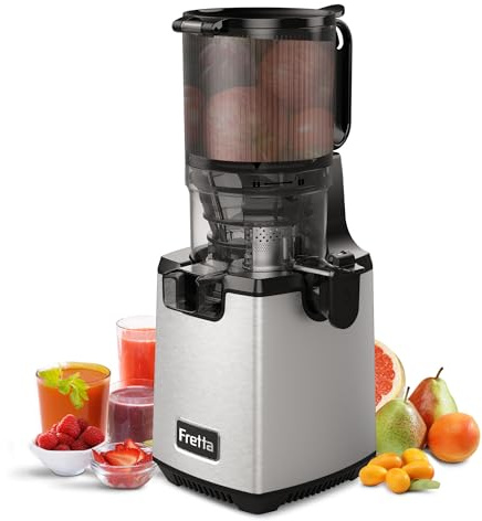 Fretta Entsafter Slow Juicer Machine, Entsafter Gemüse und Obst Testsieger, 250W Edelstahl Saftpresse Elektrisch Obstpresse mit 135mm Großem Öffnung, Leicht zu Reinigen, Umkehrfunktion, BPA Frei
