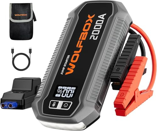WOLFBOX 2000A Starthilfe für 12V Fahrzeuge, Bis zu 7L Benzin / 6L Diesel | 44.4Wh/12000mAh, Autobatterie Booster für SUV, LKW, Motorräder, LED-Taschenlampe, Starthilfekabel