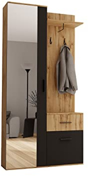 Mirjan24 Garderoben-Set Jarelin mit Spiegel (Wotan Eiche/Schwarz) | Kompaktgarderobe mit Kleiderstange, Haken, Schublade und Schrankfach, links/rechts montierbar, B/H/T: 97/195/30 cm