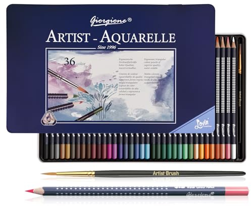 Surcotto Aquarellstifte - 36 wasservermalbare Buntstifte, wasserlösliche Buntstifte für Kinder und Erwachsene | wasserbasiert, sanfte Farben, mit Blechdose und feinem Pinsel, 36-teilig, dreikant