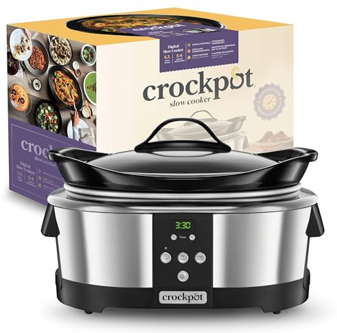 Crockpot Digital-Schongarer Slow Cooker | 5,7 l (5–6 Personen) | programmierbar mit digitalem 20-Stunden-Timer | Ofenfeste Schüssel | Edelstahl [SCCPBPP605]