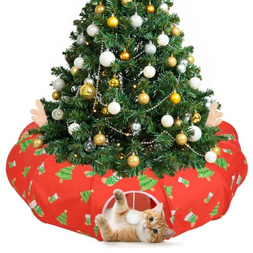 Tivray Weihnachtsbaum-Katzentunnelbett mit Spielbällen & Weiches Kissen | Doppeltür, interaktives Spielzeug, Weihnachtsgeschenk für Kätzchen & Kleintiere, Rot & Weiß