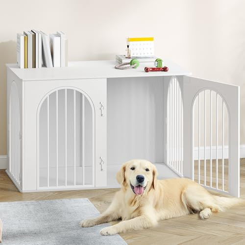 Hzuaneri Hundekäfig Möbel, 108 cm Hundebox Möbel, 3 Türen, Weiß | Bogentür, Moderne Hundebox Indoor für Hunde, Beistelltisch, Hundekäfig Hochbelastbar, 108 x 64 x 76 cm, DFC86013W