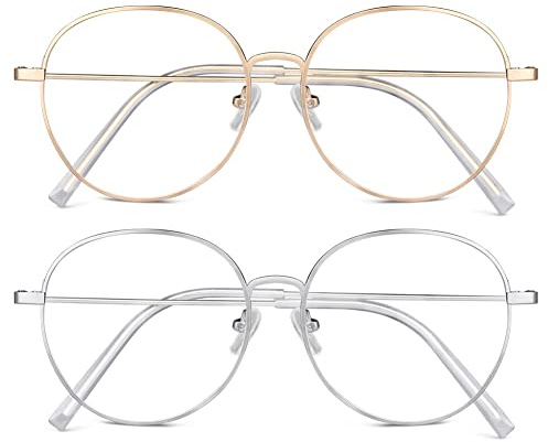 ACWOO Blaulichtfilter Brille, 2er-Set Rund Anti Blaulicht PC Gaming Brillen Mode Brille, Metall Blue Light Blocking Glasses, Retro Ohne Stärke Blaufilter Brille für Damen Herren (Gold+Silber)