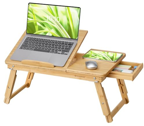 SONGMICS Laptoptisch, Laptopständer, Frühstückstablett, klappbare Beine, für Bett und Sofa, höhenverstellbar, für bis zu 15,6 Zoll Laptops, (61-68,3) x 34,9 x (22,5-32) cm, naturfarben LLD01N