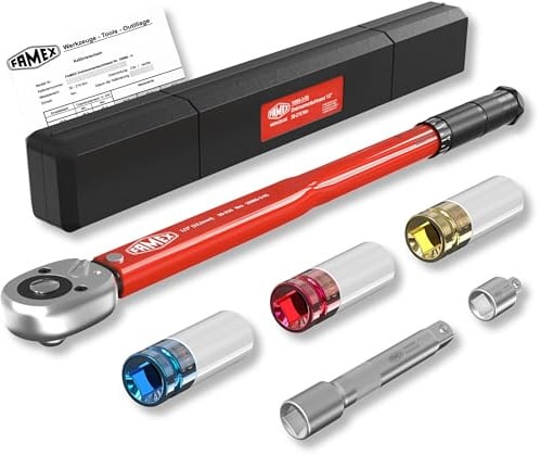 FAMEX 10886-3-RS Drehmomentschlüssel 1/2 (12,5mm) - 30-210 Nm - Schoneinsätze aus Chrom-Molybdän-Stahl - schlagfest - inkl. Verlängerung Adapter - für Auto, Motorrad, Van