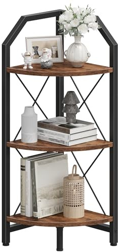 CHOEZON 3-stufiges Eckregal im Industriestil, 90 cm Pflanzenständer, Eckbücherregal, Eckpflanzenständer, Eckregalständer, Regal für Schlafzimmer, Wohnzimmer, Badezimmer, Büro, Vintagebraun DTCJ03BF