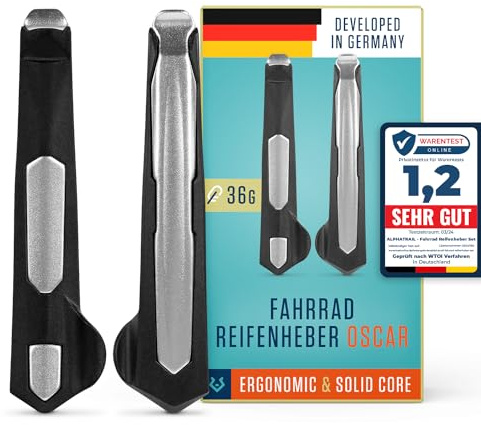Alphatrail Fahrrad Reifenheber Oscar - 2er Set I Stabiler Metallkern aus Aluminium (36g Gesamtgewicht) I Optimale Hebellänge I Ergonomischer Mantelheber für Schwalbe, Michelin, Continental, Maxxis uvm