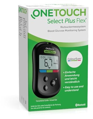 OneTouch Select Plus Flex® Blutzuckermessgerät mmol/L | Messgeräte-Set mit 10 Teststreifen & 10 Lanzetten (mmol/L). Für eine präzise und einfache Blutzuckermessung.