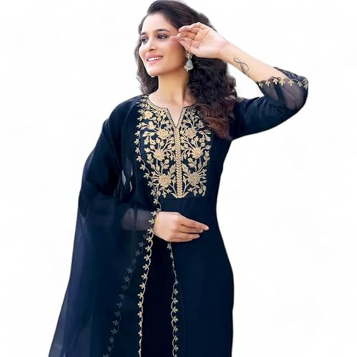 RangMahal Indische Damen-Kurta-Hose, handgefertigt, reine Baumwollmischung, bestickt, Dupatta-Set
