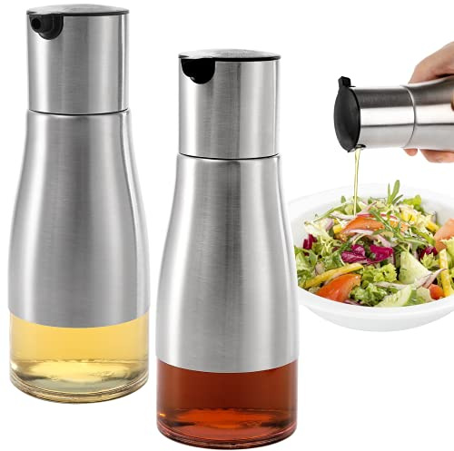Tebery 2 Stück 300ml Silberne Olivenöl und Essigspender Set, Essig und Ölspender Set, Eleganter Edelstahl mit Glasboden, Ölspender Ölflasche für Küche und BBQ