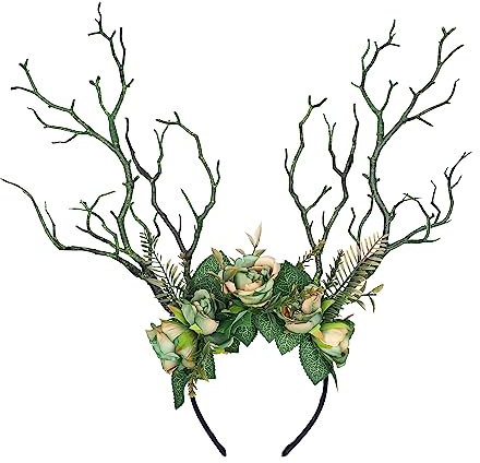 MOSTORY Handgefertigte Zweigkrone Elfen Haarschmuck für Renaissance Kostüm, Grüne Geweih Kopfschmuck mit Blumen für Damen Cosplay Karneval Party