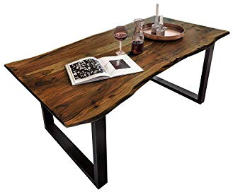 SAM Esszimmertisch 140x80 cm Quinn, echte Baumkante, nussbaumfarben, massiver Esstisch aus Akazienholz, Metallbeine Schwarz, Baumkantentisch