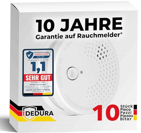 Rauchmelder 10er Set mit 10 Jahre Garantie BSI Zertifiziert nach DIN EN14604 inkl. 9V Batterie Rauchwarnmelder Brandmelder Feuermelder