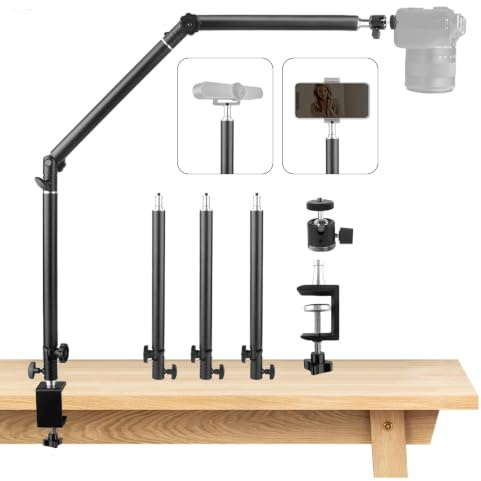 JEBUTU MS05 Tischstativ Kamera Overhead Stativ Handy Tisch Halterung | 37-104 cm Verstellbar | Flexibel Gelenkarm Tisch Kamera Halterung mit 1/4 Kugelkopf für Kamera, Ringlicht, Live Streaming