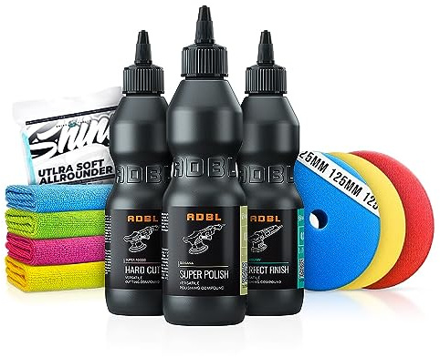Autopolitur Set: ADBL Hard Cut + Super Polish + Perfect Finish (je 200ml) + Royal Pads Polierpads + Mikrofasertücher | 10-teilig