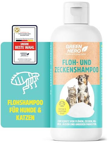 Green Hero Flohshampoo und Zeckenshampoo für Hund & Katze 250 ml | Schützt vor Flöhen, Zecken, Milben, Läusen | Hundeshampoo & Katzenshampoo ohne Silikone, Parabene & Mikroplastik