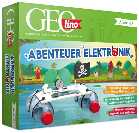 FRANZIS 67073 - GEOlino Experimentierkasten Abenteuer Elektronik, Set mit Solarmodul, LEDs, Solarmotor, Propeller, Handbuch und weiterem Zubehör, ab 8 Jahren, keine Vorkenntnisse nötig