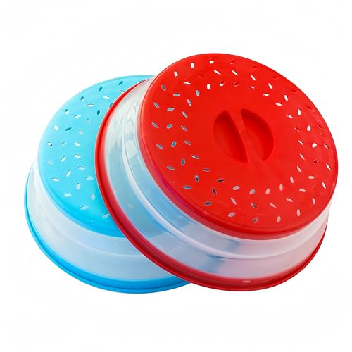 Zusammenklappbare Mikrowellen-Abdeckung, BPA-frei, TPR, 26,7 cm, rund, mit Griff, Rot + Blau…