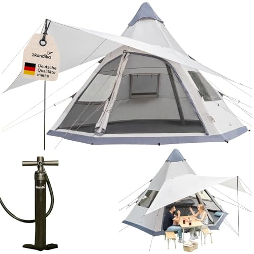 Skandika Luftzelt Tipi Hetta 460 Air Protect | Aufblasbares Familienzelt für 6 Personen, 2,95 m Stehhöhe, 3000 mm Wassersäule, eingenähter Zeltboden, UV 50+ | Campingzelt, Festivalzelt, Indianerzelt