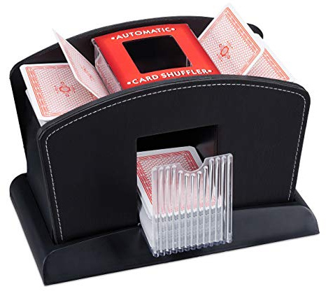 Relaxdays, schwarz Kartenmischer Elektrisch, Leder, 4 Decks, Automatische Kartenmischmaschine zum Mischen von Karten, Standard