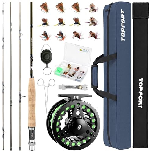 TOPFORT Fliegenfischrute und Rolle Combo Starter Kit, 4-teiliges leichtes Ultra-tragbares Graphit-Fliegenrute, komplettes Starterpaket mit Tragetasche