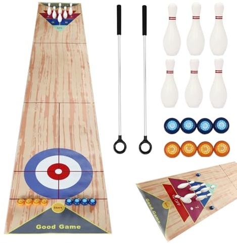 3 in 1 Shuffleboard Bowling Tischspiele 360x57cm, Tragbares Shuffleboard Tischkegelspiel Curling Spiel mit 6 Bowling und 2 Puttern für Kinder Familie Party