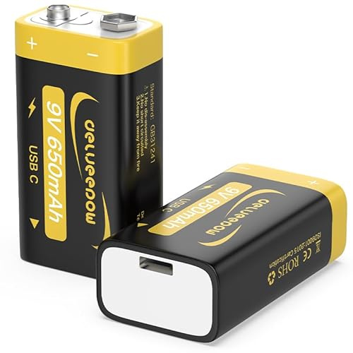 9V Blockbatterie Batterien, 650mAh wiederaufladbar 9V Block Akku Lithium 1500 Zyklen mit USB-C Kabel, 2 Stück