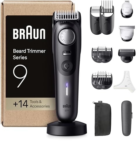 Braun Barttrimmer Series 9, Elektrischer Bartschneider Herren mit 14 Barber-Tools, Ultrascharfe ProBlade Klinge, 180 Min Akkulaufzeit, Kabelloser Bartrasierer, 52 Längen, Wasserdicht, BT9565, Titan