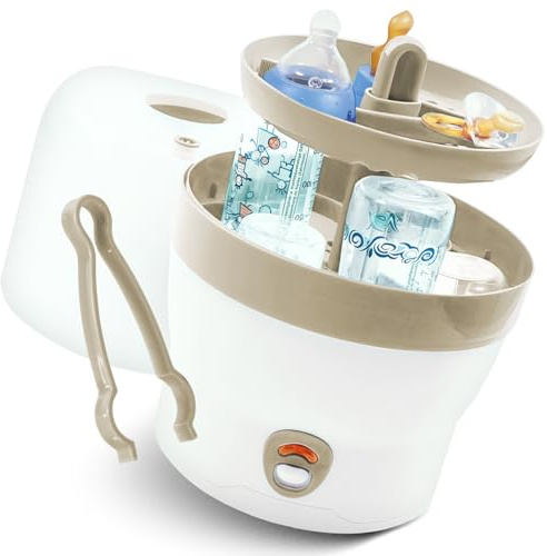 Babyruf BS 29b Sterilisator für Babyflaschen | Dampfsterilisator & Vaporisator | bis zu 6 Flaschen | Baby Erstausstattung Neugeborene | Flaschenreiniger | Baby Zubehör | weiß/ocker