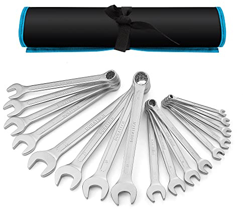 DURATECH 17-teilig Ringmaulschlüssel-Set 6-22 mm, Gabelringschlüssel-Satz, Chrom-Vanadium-Stahl, DIN 3113, Matt verchromt, mit Rolltasche