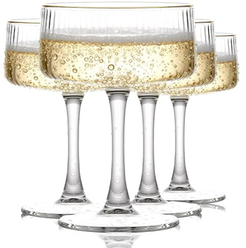 TOLASTO Sektschalen 4er Set,260 ml Champagnerschalen mit Goldrand,Vintage Coupe Gläser aus bleifreiem Glas für Champagner,Sekt,Prosecco und Cocktails,Geriffelte Cocktailgläser