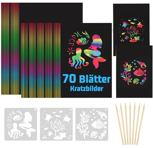AILUYA 70 Blätter Kratzbilder für Kinder, Regenbogen Kratzpapier mit 7 Holzstifte und 3 Malschablonen, DIY Magic Scratch Book, Kratzpapier Set für Erwachsene Jungen Mädchen Zeichnen und Basteln