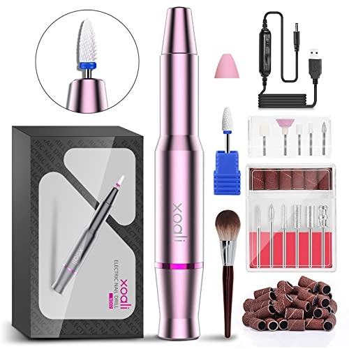 Xoali Elektrische Nagelfräser ND-02 | 25000 U/min 12V Netzbetrieb | 12-in-1 Maniküre Pediküre Set | mit Keramik-Bit, stufenlos regelbar, Vor-/Rücklauf | Rosé