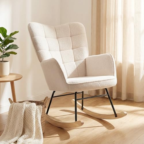HOMCOM Schaukelstuhl, Schaukelsessel mit Lammfellimitat, Armlehne, Gepolsterter Sessel mit Hoher Rückenlehne, Holzkufen, Moderner Relaxsessel für Wohnzimmer, Schlafzimmer, bis 120kg, Beige