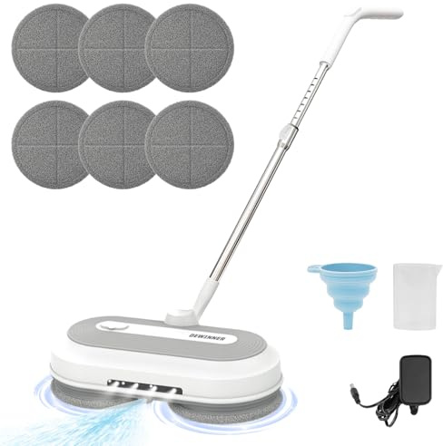 DEWINNER Kabelloser Wischmopp mit 2.0Ah Akku & 300ml Wassertank | Doppel-Rotationssystem (150 U/min) | LED-Arbeitslicht | Höhenverstellbar | Für Böden & Terrassen