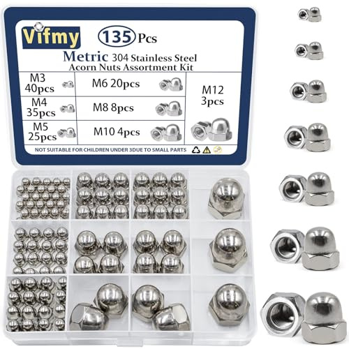 Vifmy Hutmuttern-Sortiment aus Edelstahl 304 (135-teilig), metrische Sechskant-Hutmuttern M3, M4, M5, M6, M8, M10, M12, Hutmuttern für Bolzen, Sechskantmuttern mit Rundkopf
