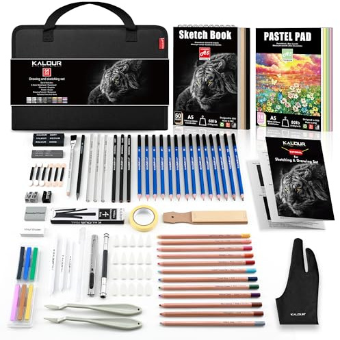 Kalour 95-teiliges Skizzier- und Zeichenkunst-Set mit 3-farbigem Skizzenbuch und Pastellpapier, Graphit-, Kohle- und Pastellstifte, komplettes Künstlerset für Anfänger und Profis