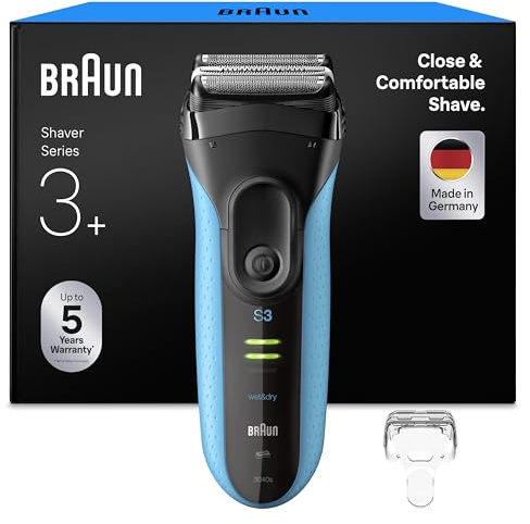 Braun Rasierer Herren Elektrisch Series 3+, 3040si, Blau - Kabelloser Elektrorasierer mit 3 Flexible Klingen, Barttrimmer mit 45 Min. Akku, Wasserdicht, Made in Germany, Inkl. Schutzkappe