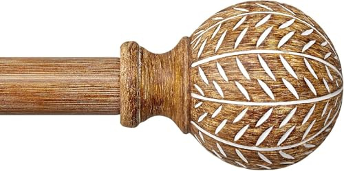 Gormena Gardinenstange Holz-Optik ausziehbar 80-218cm, Ø25mm Metall, Vorhangstange Wand/Deckenmontage, Boho mit Blatt-Enden, inkl.Halterungen, Schwerlast für Fenster,Wohnzimmer,Schlafzimmer,Terrasse