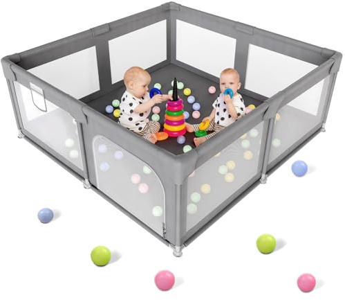 Palopalo Laufstall Baby 127x127cm, Laufgitter für Babys und Kleinkinder, Laufgitter Baby mit Reißverschlusstür und Atmungsaktivem Netz, Laufstall 300D Oxford Geweb, Dunkelgrau