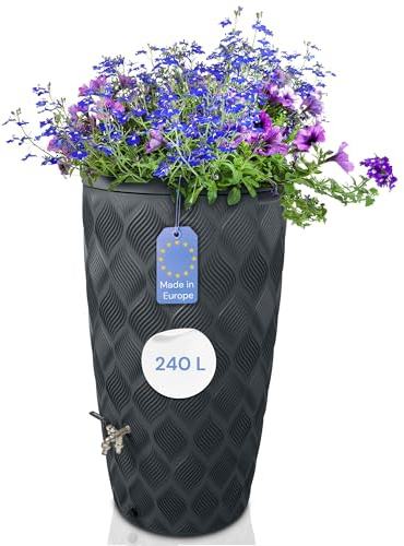 YourCasa Regentonne 240 Liter [Seabreeze] Regenfass Frostsicher aus Kunststoff mit Wasserhahn - Regenwassertonne - Wasserfass Regenwassertank Wassertonne für Garten (Anthrazit Mit Wasserhahn)