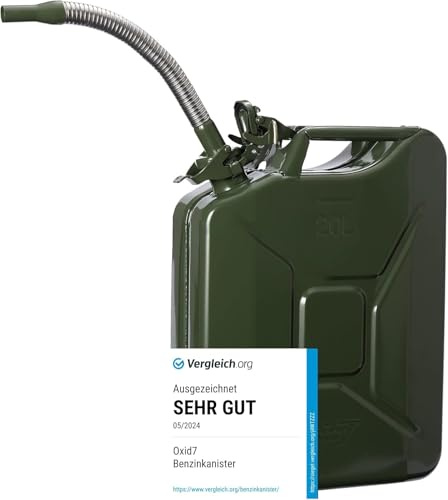 Oxid7 Benzinkanister aus Metall 20 Liter inkl. Ausgießer silber flexibel, UN-Zulassung | Kraftstoffkanister für Benzin, Diesel & Bio-Ethanol geeignet [Olivgrün]