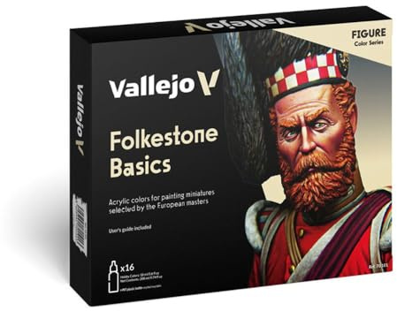 Vallejo Model Color Set Acrylfarben Folkstone Basics. 16 matte Farben in 18 ml Flaschen mit Tropfer und Farbkarte für Modellbau, Modelle und Dioramen.